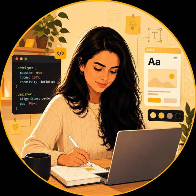 Illustrated portrait of Renata Rossetti Leandro at her workstation